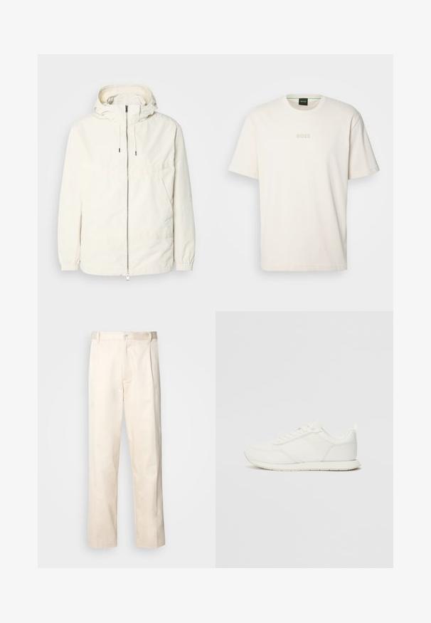 Lekka, kremowa kurtka z kapturem, zapinana na zamek, z elastycznymi mankietami i kieszenią typu kangur. Gładki materiał z minimalnymi detalami szwów.; BOSS - T-shirt basic; Beżowe bawełniane spodnie o prostym kroju nogawki, z zapięciem na guziki i plisami z przodu dla dodatkowego zdobienia.; Białe trampki z siateczkową i syntetyczną cholewką, okrągłym noskiem, płaskimi sznurowadłami oraz teksturowanym paskiem bocznym. Gumowa podeszwa z pętelką z tyłu.