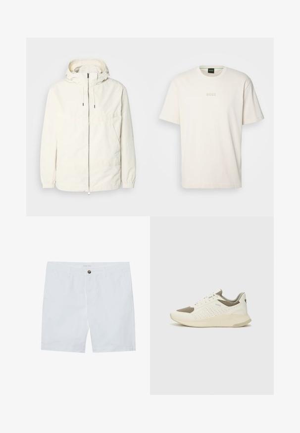 Lightweight, cream-colored jacket with a hood, zip front, elastic cuffs, and a kangaroo pocket. Smooth fabric with minimal stitching details.; BOSS TEE - Basic T-shirt - open white; White cotton shorts featuring a front button closure, two side pockets, and a straight cut. Brand label "Pier One" at the waistband.; White and light beige athletic sneaker, featuring a mesh upper, perforated detailing, and a textured midsole with branding on the heel.