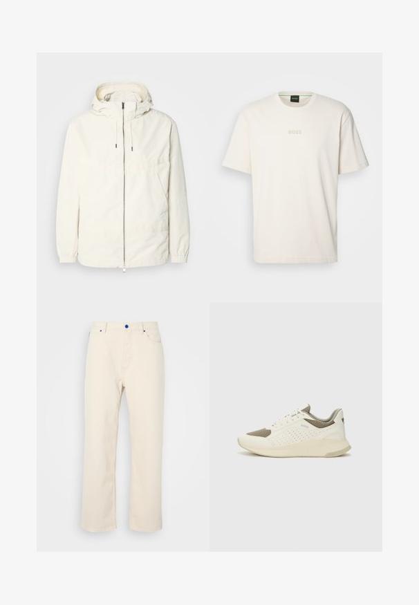 Ľahká, krémová bunda s kapucňou, zipsom vpredu, elastickými manžetami a klokannou vreckom. Hladká tkanina s minimálnymi stehovými detailmi.; BOSS TEE - Základné tričko - open white; Béžové nohavice rovného strihu vyrobené z bavlny, s modrými gombíkovými akcentmi, piatimi vreckami a čistým dizajnom bez viditeľných vzorov.; Biele a svetlo béžové športové tenisky s hornou časťou z mriežkového materiálu, perforovanými detailmi a textúrovanou medzipodrážkou s logom na päte.