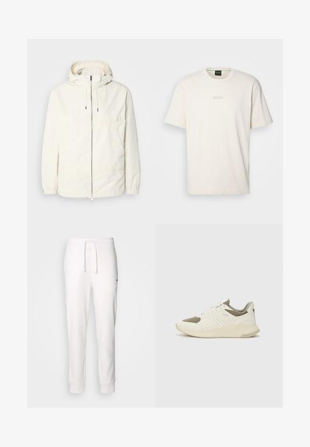 Leichte, cremefarbene Jacke mit Kapuze, Reißverschluss vorne, elastischen Bündchen und einer Kängurutasche. Glattes Gewebe mit minimalen Nähdetails.; BOSS TEE - T-Shirt basic - open white; Weiße Baumwoll-Sweatpants mit einem elastischen Bund, Kordelzug und gerippten Bündchen. Mit einem kleinen schwarzen Logo an der Seite.; Weiße und hellbeige Sport Sneakers, ausgestattet mit einem Obermaterial aus Netzgewebe, perforierten Details und einer strukturierten Zwischensohle mit Branding an der Ferse.