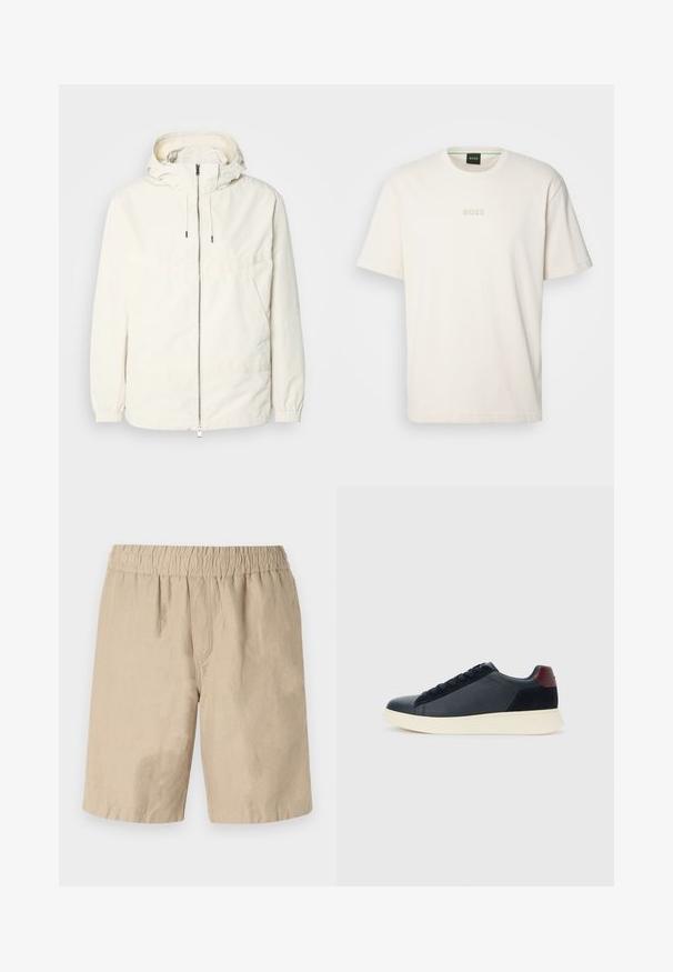 Veste légère de couleur crème avec capuche, fermeture éclair sur le devant, poignets élastiques et poche kangourou. Tissu lisse avec des détails de couture minimaux.; BOSS TEE - T-shirt basique - open white; Shorts en coton beige avec taille élastique, présentant une coupe décontractée et une texture lisse. Pas de poches visibles ni de motifs.; Baskets basses pour hommes en cuir noir et daim avec un tirant de talon bordeaux et une semelle en caoutchouc blanche, vues depuis le côté extérieur.