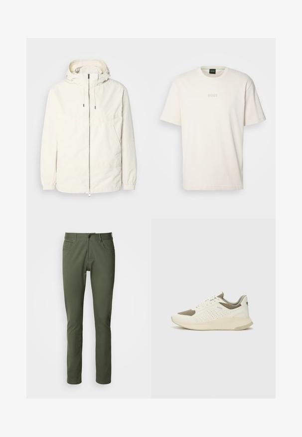 Veste légère de couleur crème avec capuche, fermeture éclair sur le devant, poignets élastiques et poche kangourou. Tissu lisse avec des détails de couture minimaux.; BOSS TEE - T-shirt basique - open white; Pantalons verts olive en mélange de coton, offrant une coupe droite classique, cinq poches et une fermeture à bouton en métal. Texture lisse.; Basket de sport blanche et beige clair, avec une tige en maille, des détails perforés et une semelle intermédiaire texturée avec un logo sur le talon.