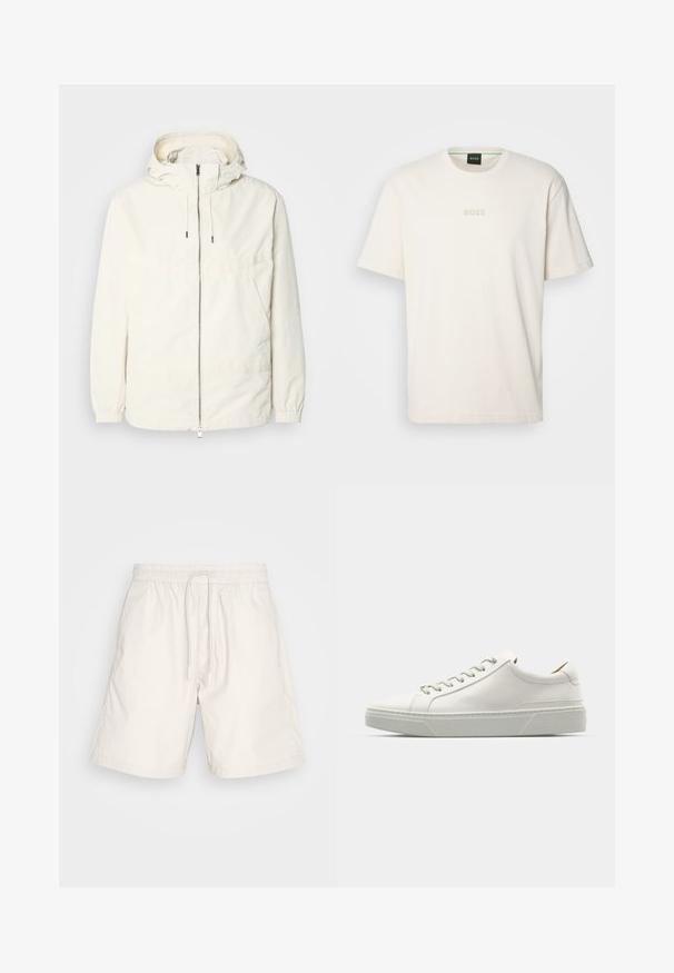 Lengvas, kreminės spalvos švarkas su kapišonu, užtrauktuku priekyje, elastingomis rankovėmis ir kengūros kišene. Lygus audinys su minimaliais siūlių detalėmis.; BOSS TEE - Paprasti marškinėliai - open white; Šviesiai kreminiai šortai, pagaminti iš minkštos, lengvos medžiagos. Yra elastinga juosmens juosta su raišteliu ir šoniniai kišenės.; Baltos odinės sportinės bateliai su apvaliu nosiu, minimalizmo dizainu, pilkais raišteliais ir tekstūruota pilka guma. Matomi subtilūs siuvinėjimo detalės.