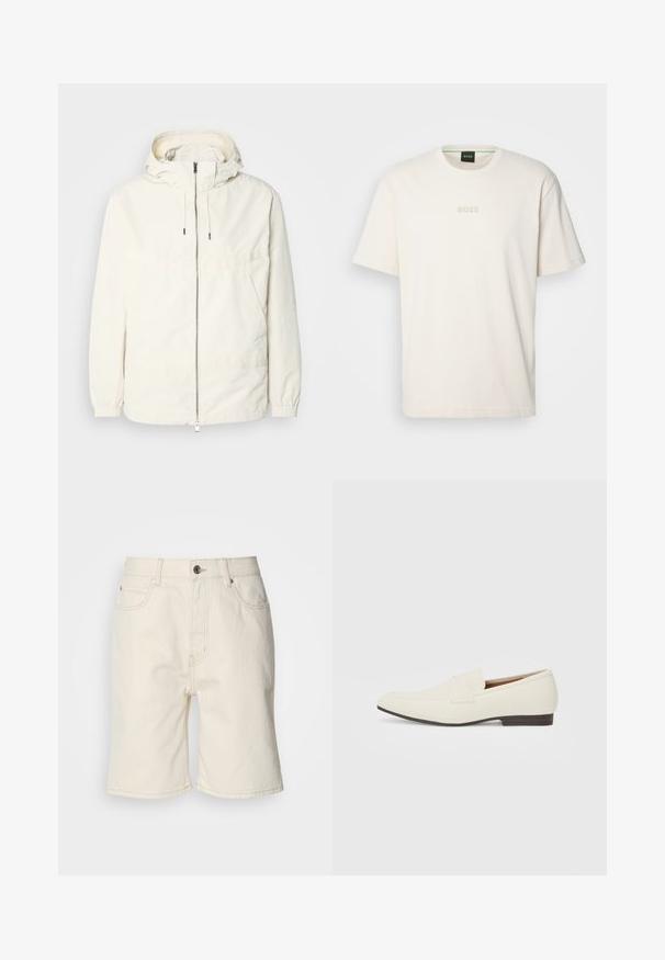 Veste légère de couleur crème avec capuche, fermeture éclair sur le devant, poignets élastiques et poche kangourou. Tissu lisse avec des détails de couture minimaux.; BOSS TEE - T-shirt basique - open white; Shorts en denim beige avec une coupe droite, cinq poches et une fermeture par bouton à l'avant. Tissu légèrement texturé avec des coutures visibles.; Mocassins beige clair avec un bout pointu, en matériau lisse, une sangle sur le devant et une semelle basse marron. Design simple avec des accents minimalistes.