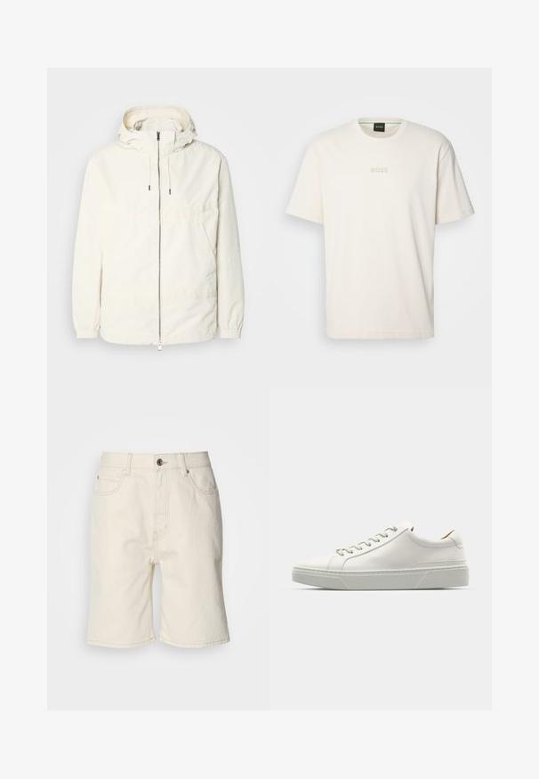 Lehká, krémově zbarvená bunda s kapucí, zipem vpředu, elastickými manžetami a klokaní kapsou. Hladká látka s minimem švových detailů.; BOSS TEE - Jednoduché tričko - open white; Beige denimové šortky s rovný střihem, pěti kapsami a zapínáním na předním knoflíku. Mírně texturovaná látka s viditelným šitím.; Bílé kožené tenisky s kulatou špičkou, minimalistickým designem, šedými tkaničkami a strukturovanou šedou gumovou podrážkou. Viditelné jemné prošívání.