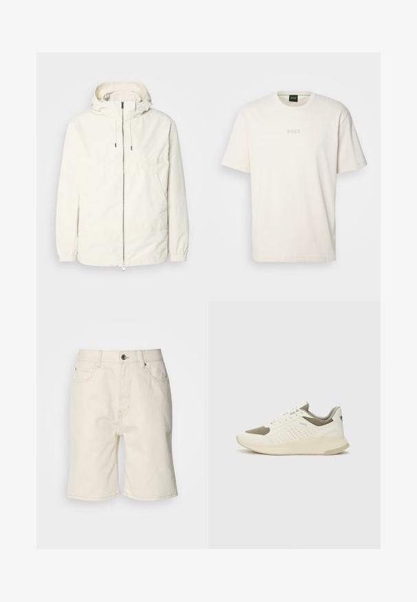 Lichte, crèmekleurige jas met een capuchon, rits aan de voorkant, elastische manchetten en een kangoeroezak. Glad materiaal met minimale stikdetails.; BOSS TEE - T-shirt basic - open white; Beige denim shorts met een rechte snit, vijf zakken en een knoopsluiting aan de voorkant. Licht gestructureerde stof met zichtbare stiksels.; Witte en lichtbeige sport sneaker, met een bovenwerk van mesh, geperforeerde details en een gestructureerde tussenzool met branding op de hiel.