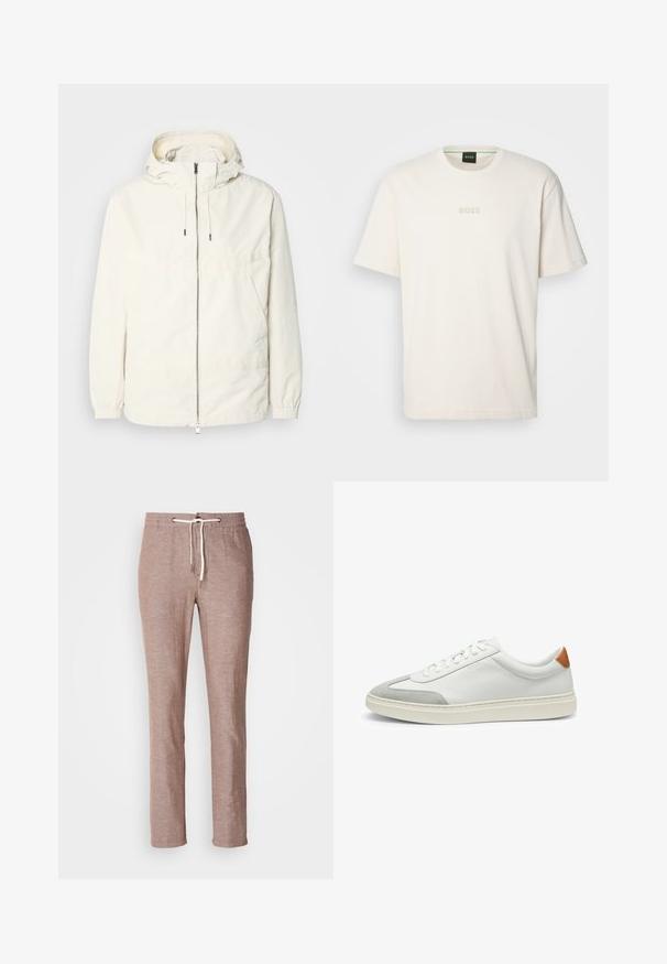 Veste légère de couleur crème avec capuche, fermeture éclair sur le devant, poignets élastiques et poche kangourou. Tissu lisse avec des détails de couture minimaux.; BOSS TEE - T-shirt basique - open white; Pantalons en lin marron clair avec taille à cordon, coupe droite et surface légèrement texturée. Pas de poches supplémentaires ni de décorations.; Baskets en cuir blanc avec des accents en suède gris et un talon en cuir beige. Elles présentent une surface texturée et une semelle légère.
