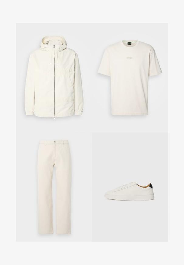 Leichte, cremefarbene Jacke mit Kapuze, Reißverschluss vorne, elastischen Bündchen und einer Kängurutasche. Glattes Gewebe mit minimalen Nähdetails.; BOSS TEE - T-Shirt basic - open white; Beige gerade geschnittene Jeans aus Baumwolle, mit einem Knopfverschluss, Gürtelschlaufen und einer schlichten Textur ohne Muster.; Weißer Sneaker mit glattem Lederobermaterial, runder Zehenpartie und flacher Sohle. Schwarzer Akzent an der Ferse, mit farblich abgestimmten Schnürsenkeln und minimalem Branding.