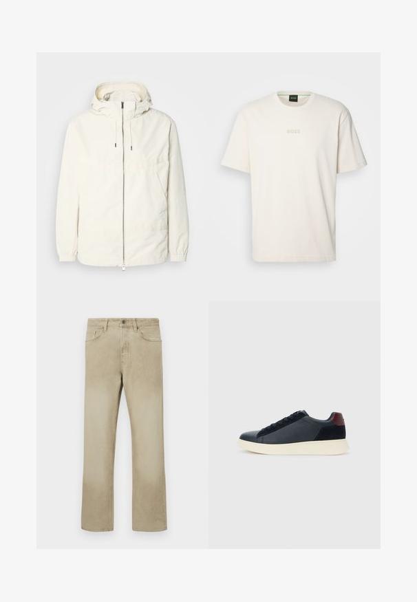 Lengvas, kreminės spalvos švarkas su kapišonu, užtrauktuku priekyje, elastingomis rankovėmis ir kengūros kišene. Lygus audinys su minimaliais siūlių detalėmis.; BOSS TEE - Paprasti marškinėliai - open white; Kreminių medvilninių kelnių su tiesia kojų forma, sukišamais priekiniais kišenėmis ir klasikiniais mygtukais. Lygus audinys su švelniu blukimu.; Juodos odinės ir zomšinės vyriškos žemos sportinės avalynės su bordo spalvos kulkšnių juostele ir balto kaučiuko padu vaizdas iš išorės.