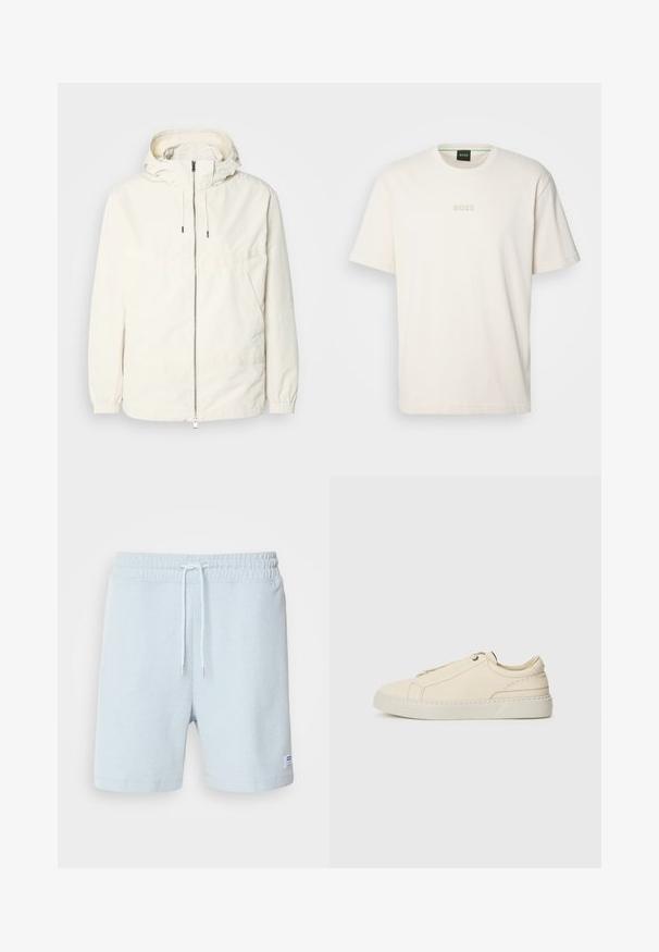 Kevyt, kermaisen valkoinen takki, jossa on huppu, vetoketjusuljenta, joustavat hihansuut ja kengurupocket. Sujuva kangas, jossa on minimaalista ompelutapaa.; BOSS TEE - T-paita - open white; Vaalean siniset ribbikuvioiset shortsit, joissa on joustava vyötärö, narutiedot ja pieni etiketti vasemmalla puolella. Pehmeää puuvillamateriaalia.; Beige nahkakengät, joissa on pyöreä kärki, minimalistinen muotoilu, hillityt ommellut yksityiskohdat ja teksturoitu päällinen, vaalealla pohjalla.