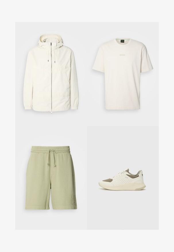 Gaisas, krēmkrāsas jaka ar kapuci, ar rāvējslēdzēju priekšpusē, elastīgām aprocēm un kangaroo kabatu. Gluda auduma virsma ar minimālām šuvju detaļām.; BOSS TEE - Pamata T-krekls - open white; Gaiši zaļi kokvilnas šorti ar elastīgu jostasvietu un regulējamu apkaklīti. Iespējas sānu kabatas un izšūta logo uz kājas.; Baltas un gaiši bež sporta apavi, ar sieta augšdaļu, perforētiem detaļām un teksturētu vidusdaļu ar zīmolu uz papēža.