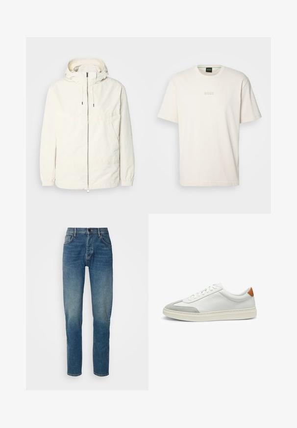 Lightweight, cream-colored jacket with a hood, zip front, elastic cuffs, and a kangaroo pocket. Smooth fabric with minimal stitching details.; BOSS TEE - Basic T-shirt - open white; Denim jeans in a mid-blue wash, with a straight leg design, five pockets, a front zipper, and a button closure. Faded texture on thighs.; White leather sneakers with gray suede accents and a tan leather heel tab. Features a textured surface and lightweight sole.