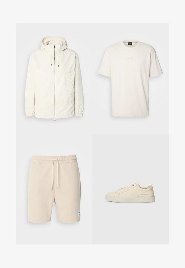 Ľahká, krémová bunda s kapucňou, zipsom vpredu, elastickými manžetami a klokannou vreckom. Hladká tkanina s minimálnymi stehovými detailmi.; BOSS TEE - Základné tričko - open white; Krémové šortky vyrobené z textúrovanej látky. Majú elastický pás s šnúrkou a bočné vrecká. Malá nálepka na leme.; Beige kožené tenisky s okrúhlou špičkou, minimalistickým dizajnom, jemnými švy a textúrovaným povrchom, na svetlej podrážke.