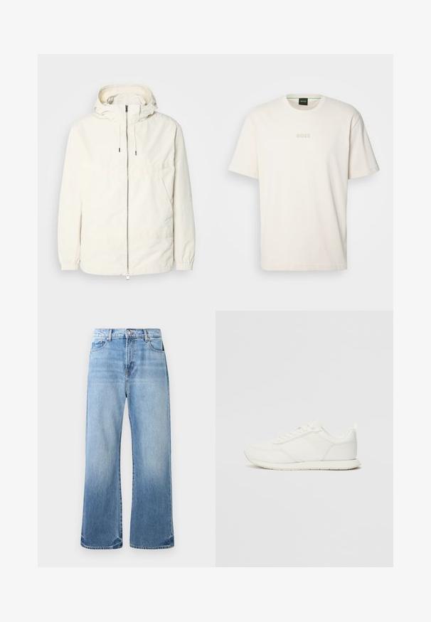 Lightweight, cream-colored jacket with a hood, zip front, elastic cuffs, and a kangaroo pocket. Smooth fabric with minimal stitching details.; BOSS TEE - Basic T-shirt - open white; Light blue denim jeans with a straight leg design, faded finish, five-pocket style, and contrast stitching. Distressed hem details.; White sneaker with a mesh and synthetic upper, round toe, flat laces, and a textured side stripe. Rubber sole with a pull tab at the back.