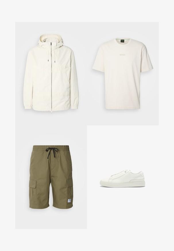 Leichte, cremefarbene Jacke mit Kapuze, Reißverschluss vorne, elastischen Bündchen und einer Kängurutasche. Glattes Gewebe mit minimalen Nähdetails.; BOSS TEE - T-Shirt basic - open white; Olivgrüne Cargo-Shorts aus leichtem Material, mit einem elastischen Bund und Kordelzug sowie seitlichen Cargo-Taschen.; Weiße Leder-Sneaker mit strukturierter Oberseite, runder Zehenform, minimalistischem Design und Gummisohle mit gestickten Details.