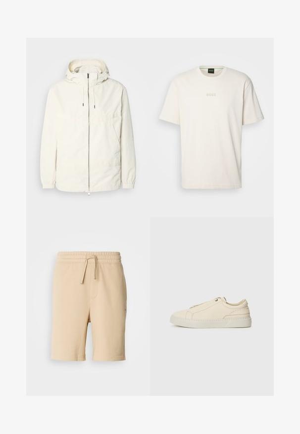 Lehká, krémově zbarvená bunda s kapucí, zipem vpředu, elastickými manžetami a klokaní kapsou. Hladká látka s minimem švových detailů.; BOSS TEE - Jednoduché tričko - open white; Béžové šortky z bavlněné směsi s elastickým pasem, detaily na šňůrku, boční kapsou a rovnými nohavicemi. Hladká textura a jednoduchý design.; Krémové kožené tenisky s kulatou špičkou, minimalistickým designem, jemnými švy a texturovaným svrškem, na světlé podrážce.