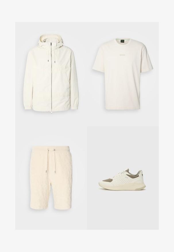 Lahka, svetločrna jakna s kapuco, z zadrgo spredaj, elastičnimi manšetami in kenguru žepom. Gladka tkanina z minimalnimi šivi.; BOSS TEE - Navadna majica - open white; Kremne kratke hlače iz teksturiranega materiala z elastičnim pasom in stranskimi žepi, v srednji dolžini do stegen.; Beli in svetlo bež športni copat, s mrežastim zgornjim delom, perforiranimi detajli in teksturirano srednjim delom z blagovno znamko na peti.