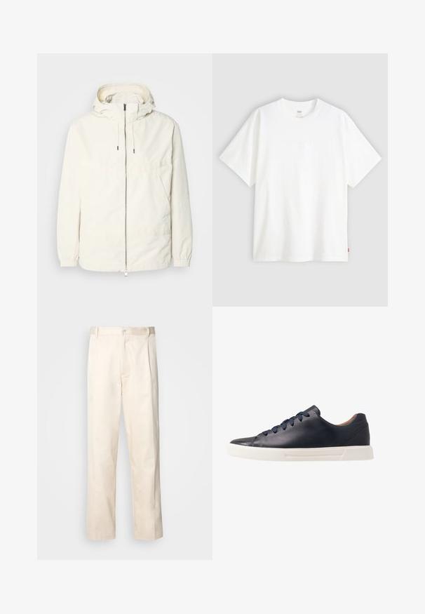 Gaisas, krēmkrāsas jaka ar kapuci, ar rāvējslēdzēju priekšpusē, elastīgām aprocēm un kangaroo kabatu. Gluda auduma virsma ar minimālām šuvju detaļām.; Balta īslaicīga T-krekla ar īsām piedurknēm, kas izgatavots no kokvilnas, ar apaļu kakla izgriezumu. Priekšpusē ir smalks reljefs ar logotipu un sarkans birka apakšmalā.; Bežā krāsā auduma bikses ar taisnu kāju griezumu, pievienotām pogu aizdares un priekšējiem krokām papildu detaļām.; Jūras spēku krāsas ādas kedas ar gludu virsmu, ar platu baltu gumijas zoli, apaļu purngalu un sešām jūras spēku krāsas mežģīnēm, kas caur caurumiem ir izietas.