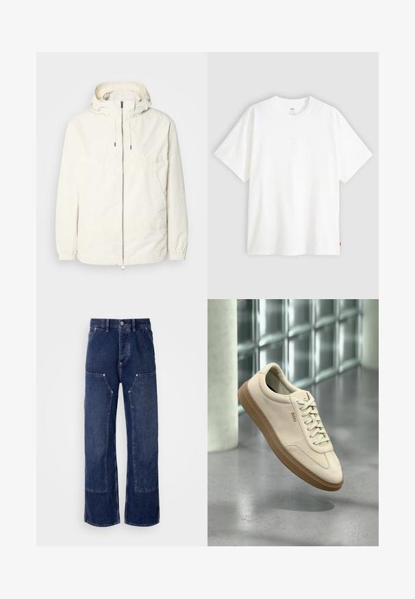 Lehká, krémově zbarvená bunda s kapucí, zipem vpředu, elastickými manžetami a klokaní kapsou. Hladká látka s minimem švových detailů.; Bílý krátký rukáv tričko vyrobené z bavlny s kulatým výstřihem. Na přední straně se nachází decentní embosované logo a červená cedulka na lemu.; Široké tmavě modré džíny s kontrastními panely, předními kapsami a kovovým zapínáním. Texturovaná látka s viditelným švem.; Světlé béžové tenisky z semiše s podrážkou z gumy, výraznými tkaničkami a jemnými šicími detaily. Čistý design s minimalistickou estetikou.