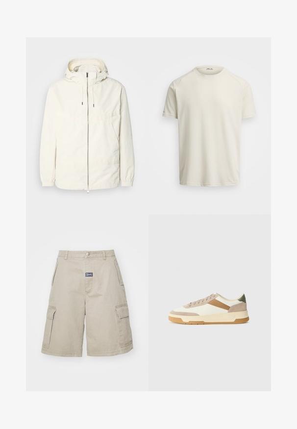 Lightweight, cream-colored jacket with a hood, zip front, elastic cuffs, and a kangaroo pocket. Smooth fabric with minimal stitching details.; Light cream short-sleeve T-shirt in soft, breathable fabric with a round neckline and raglan sleeves. Minimalistic design, seamless sides.; MISBHV PERFECT - Shorts - beige; Sneakers in beige, cream, and olive green, featuring suede and leather materials, a round toe, minimalistic design, and a rubber sole.
