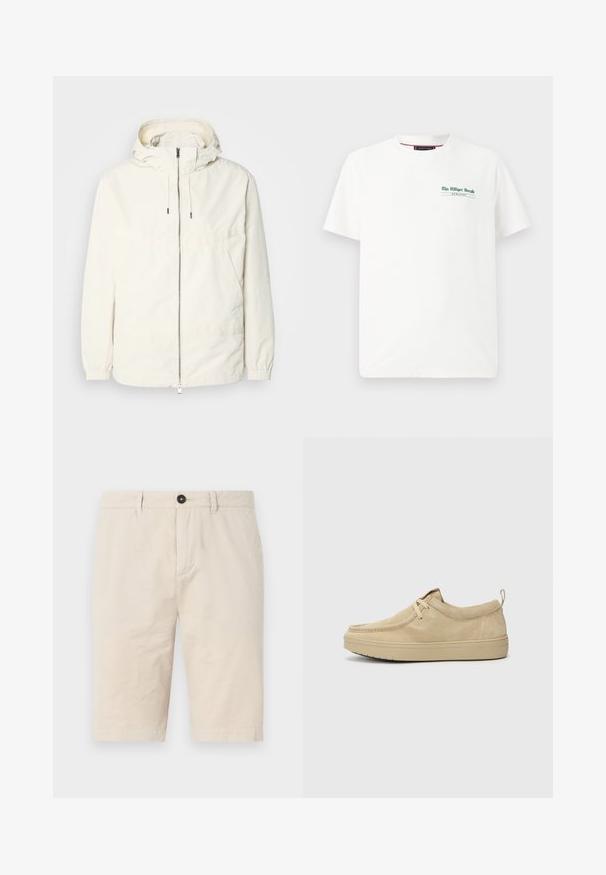 Lahka, svetločrna jakna s kapuco, z zadrgo spredaj, elastičnimi manšetami in kenguru žepom. Gladka tkanina z minimalnimi šivi.; Bela bombažna majica s kratkimi rokavi in okroglem izreza, z zeleni tiskom na levem prsnem delu, ki pravi "The Milliger Herald" in "MCHLXXXV."; Bež kratke hlače iz bombaža s regularnim krojem, z gumbom za zapiranje, sprednjimi žepi in zavihanimi robovi. Gladka tekstura z minimalnim gubanjem.; Bež zamškasti slip-on čevlji s zaobljenim nosom, minimalnim šivom in gumijastim podplatom. Mehka tekstura z diskretnim logotipom na peti.