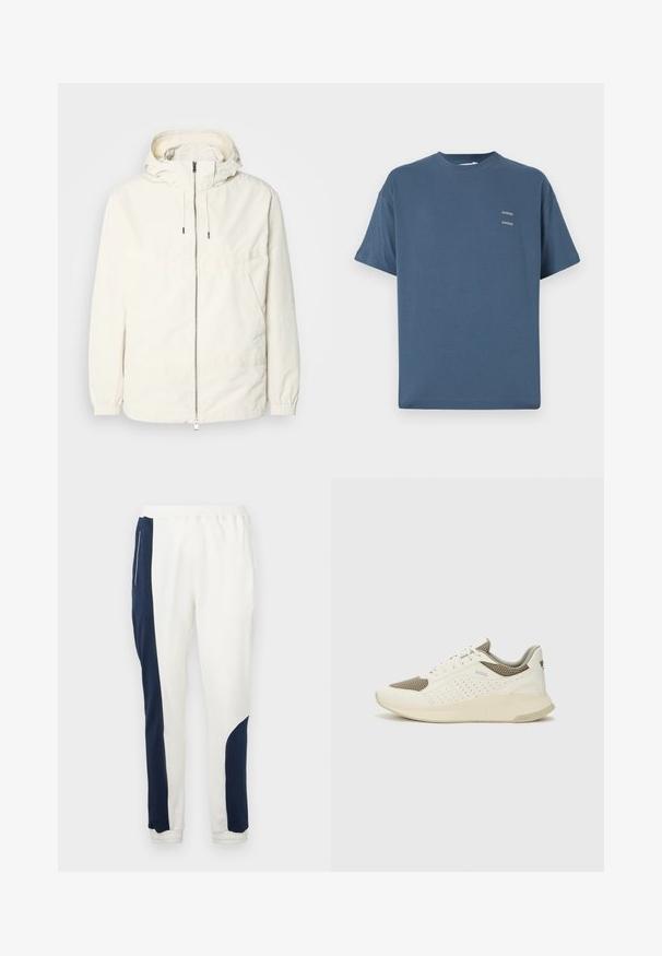 Lightweight, cream-colored jacket with a hood, zip front, elastic cuffs, and a kangaroo pocket. Smooth fabric with minimal stitching details.; Blue cotton t-shirt with a classic crew neck, short sleeves, relaxed fit, and two small printed logos on the chest. Smooth texture.; White jogger pants featuring navy side panels and elastic cuffs, made of soft fabric with a smooth texture and a drawstring waistband.; White and light beige athletic sneaker, featuring a mesh upper, perforated detailing, and a textured midsole with branding on the heel.