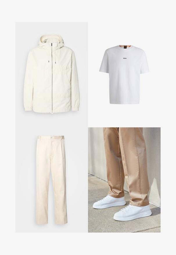 Ελαφριά, κρεμ τζάκετ με κουκούλα, φερμουάρ μπροστά, ελαστικούς μανσέτες και τσέπη καγκουρό. Λείο ύφασμα με ελάχιστες ραφές.; Λευκό βαμβακερό t-shirt με κοντά μανίκια, με μαύρο λογότυπο "BOSS" κεντραρισμένο στο στήθος και στρογγυλό σχέδιο λαιμόκοψης.; Μπεζ βαμβακερό παντελόνι με ίσια γραμμή, διαθέτει κουμπί κλεισίματος και πτυχές στο μπροστινό μέρος για επιπλέον λεπτομέρεια.; Λευκά δερμάτινα αθλητικά παπούτσια με λείο φινίρισμα, στρογγυλές μύτες, λευκές κορδόνες και μινιμαλιστικό σχέδιο. Φοριούνται με ανοιχτό καφέ, tapered παντελόνια.