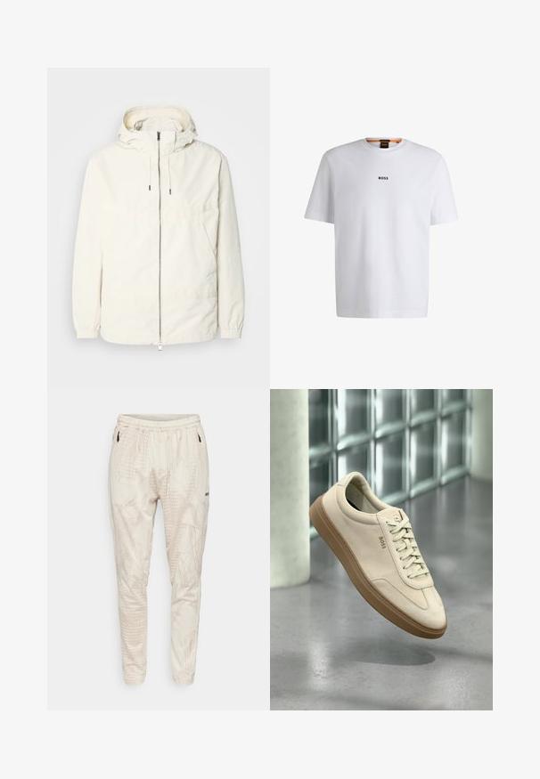 Ľahká, krémová bunda s kapucňou, zipsom vpredu, elastickými manžetami a klokannou vreckom. Hladká tkanina s minimálnymi stehovými detailmi.; Biela bavlnená tričko s krátkymi rukávmi, na prednej strane so stredne umiestneným čiernym logom "BOSS" a okrúhlym výstrihom.; Krémsové nohavice s jemným geometrickým vzorom, elastickým pásom a bočnými vreckami. Obsahujú čierne logo a zúžený strih.; Svetlo béžová semišová teniska s podrážkou z gumovej gumy, výraznými šnúrkami a jemnými detailmi šitia. Čistý dizajn s minimalistickou estetikou.