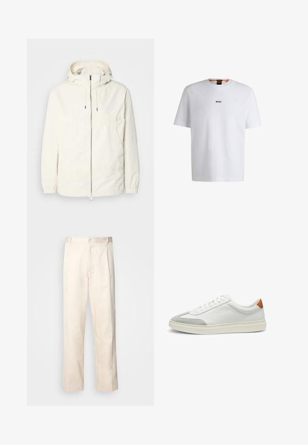 Lightweight, cream-colored jacket with a hood, zip front, elastic cuffs, and a kangaroo pocket. Smooth fabric with minimal stitching details.; White cotton T-shirt with short sleeves, featuring a black "BOSS" logo centered on the chest and a round neck design.; Beige cotton trousers with a straight-leg cut, featuring a button closure and pleats at the front for added detail.; White leather sneakers with gray suede accents and a tan leather heel tab. Features a textured surface and lightweight sole.