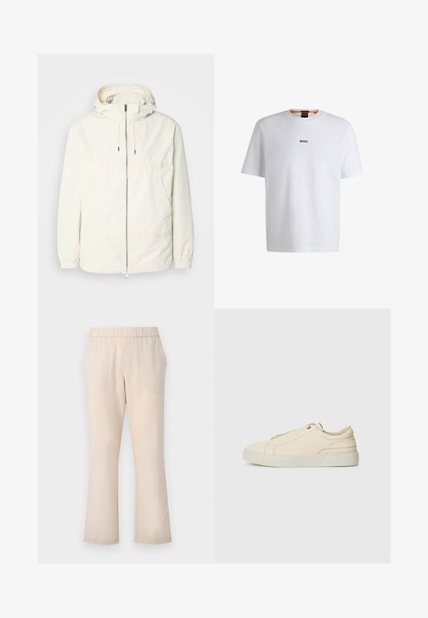 Lichte, crèmekleurige jas met een capuchon, rits aan de voorkant, elastische manchetten en een kangoeroezak. Glad materiaal met minimale stikdetails.; Witte katoenen T-shirt met korte mouwen, voorzien van een zwart "BOSS"-logo in het midden van de borst en een ronde halsontwerp.; Beige flared trousers met een elastische tailleband, twee voorzakken en een gladde katoenen textuur. Geen zichtbare patronen of hardware.; Beige leren sneaker met een ronde neus, minimalistisch ontwerp, subtiele stikdetails en een gestructureerde bovenkant, op een lichte zool.
