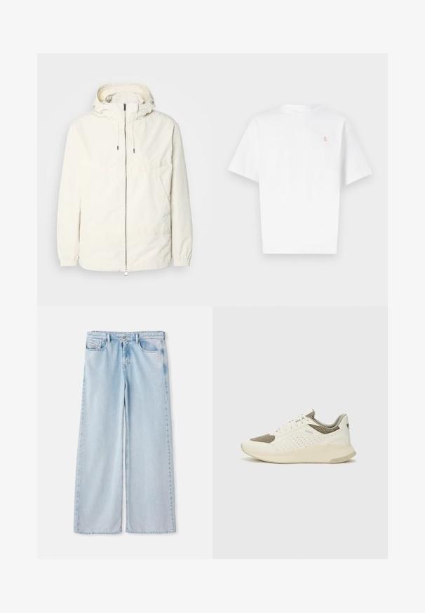 Kevyt, kermaisen valkoinen takki, jossa on huppu, vetoketjusuljenta, joustavat hihansuut ja kengurupocket. Sujuva kangas, jossa on minimaalista ompelutapaa.; Valkoinen puuvillapaita lyhyillä hihoilla, pyöreä kaulus ja pieni oranssi logo rinnassa. Su гладja rakenne, normaali istuvuus.; Vaaleansiniset leveät farkut, joissa on klassinen viisi taskua -muotoilu, normaali vyötärö ja viimeistelemätön helma. Pehmeä farkkukangas, jossa on hieman haalistumista.; Valkoinen ja vaaleanbeige urheilukengät, joissa on verkkomateriaali yläosa, rei'itettyjä yksityiskohtia ja teksturoitu välipohja, jossa on brändäys kantapäässä.