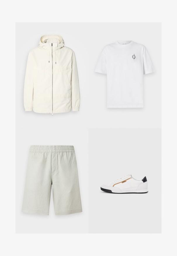 Giacca leggera di colore crema con cappuccio, chiusura frontale con zip, polsini elastici e tasca a marsupio. Tessuto liscio con dettagli di cucitura minimi.; T-shirt in cotone bianco con vestibilità rilassata, presenta un piccolo logo grafico nero nella zona sinistra del petto. Maniche corte, collo a giro.; Pantaloncini grigio chiaro realizzati in tessuto strutturato, con fascia elastica in vita e tasche laterali; design a taglio dritto.; Scarpe sportive bianche con accenti in rete e pelle. Presentano un logo dorato "BOSS", pannelli laterali testurizzati e un copri tallone nero. Suola in gomma.