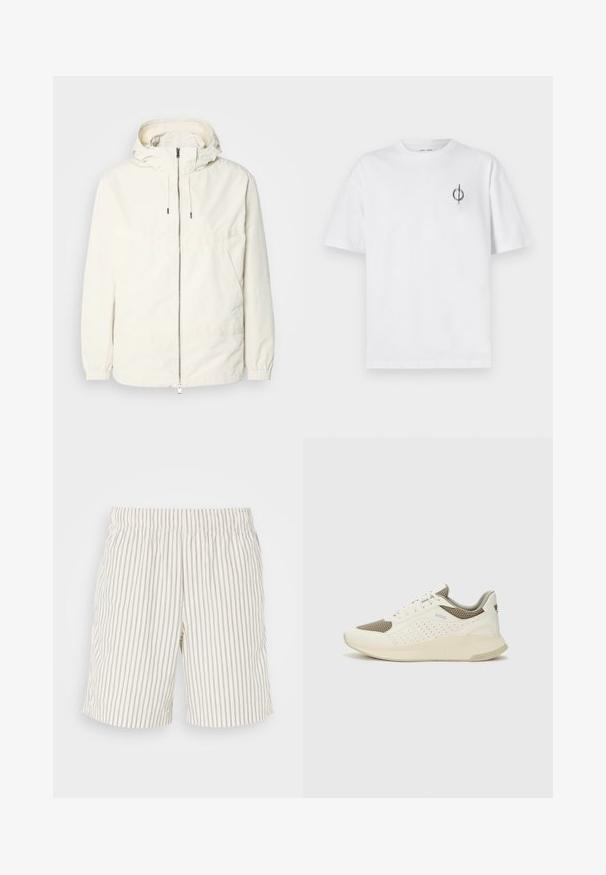 Könnyű, tejszínszínű dzseki kapucnival, cipzáras elülső résszel, rugalmas mandzsettákkal és kenguruzsebbel. Simaszerű anyag minimális varrási részletekkel.; Fehér pamut póló laza szabással, kis fekete grafikai logóval a bal mellen. Rövid ujjak, kerek nyakkivágás.; Csíkos sort, amely könnyű, lélegző anyagból készült. Színe tört fehér vékony, függőleges szürke csíkokkal. Rugalmas derék.; Fehér és világos bézs sportcipő, légies hálós felsőrésszel, perforált részletekkel és texturált középtalppal, amelyen a saroknál a márka logója található.