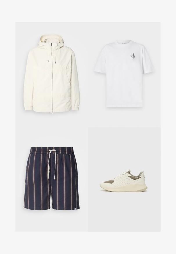 Lightweight, cream-colored jacket with a hood, zip front, elastic cuffs, and a kangaroo pocket. Smooth fabric with minimal stitching details.; White cotton t-shirt with a relaxed fit, featuring a small black graphic logo on the left chest area. Short sleeves, crew neck style.; Les Deux LAWSON STRIPE - Shorts - dark navy/light camel; White and light beige athletic sneaker, featuring a mesh upper, perforated detailing, and a textured midsole with branding on the heel.