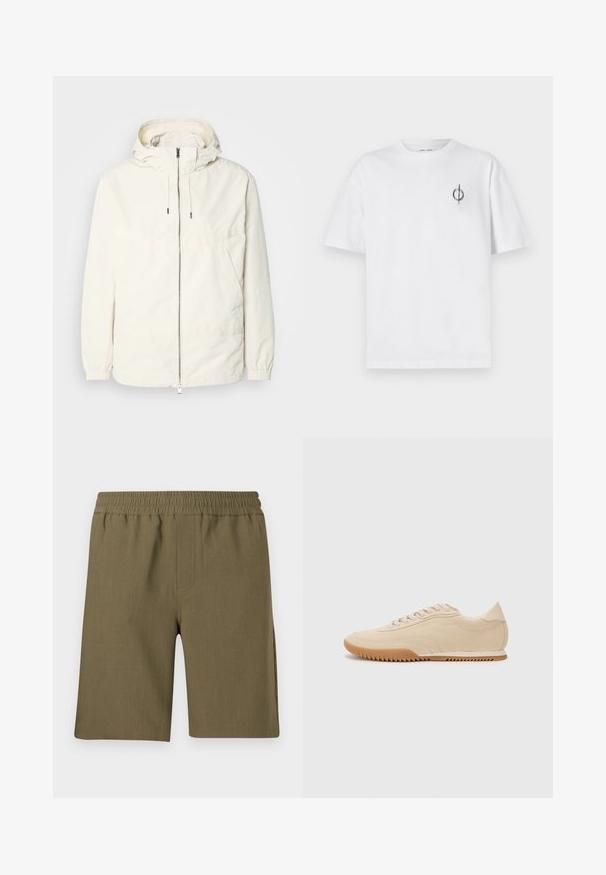 Veste légère de couleur crème avec capuche, fermeture éclair sur le devant, poignets élastiques et poche kangourou. Tissu lisse avec des détails de couture minimaux.; T-shirt en coton blanc avec une coupe décontractée, présentant un petit logo graphique noir sur le côté gauche de la poitrine. Manches courtes, col rond.; Samsøe Samsøe SMITH - Short - four leaf clover; Baskets en daim beige au design épuré, présentant une tige texturée, un bout rond et une semelle en caoutchouc avec un motif en zigzag.