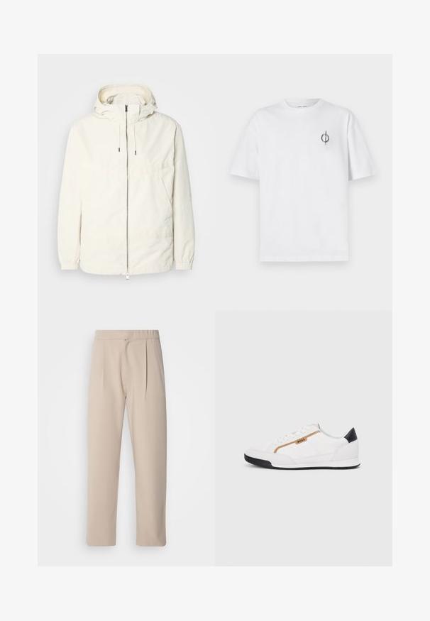 Lightweight, cream-colored jacket with a hood, zip front, elastic cuffs, and a kangaroo pocket. Smooth fabric with minimal stitching details.; White cotton t-shirt with a relaxed fit, featuring a small black graphic logo on the left chest area. Short sleeves, crew neck style.; Beige, pleated trousers made of soft fabric. Features an elastic waistband, straight legs, and a smooth texture. No pockets or accents.; White athletic shoes with mesh and leather accents. Features a gold "BOSS" logo, textured side panels, and a black heel cap. Rubber sole.