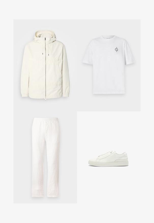 Lichte, crèmekleurige jas met een capuchon, rits aan de voorkant, elastische manchetten en een kangoeroezak. Glad materiaal met minimale stikdetails.; Witte katoenen t-shirt met een ontspannen pasvorm, voorzien van een klein zwart graphic logo op de linkerkant van de borst. Korte mouwen, ronde hals.; Witte linnen broek met een elastische tailleband, rechte pijpen en een enigszins gestructureerde stof. Geen patronen of extra details.; Witte leren sneaker met een gestructureerde bovenkant, een ronde neus, minimalistisch ontwerp en een rubberen zool met gestikte details.