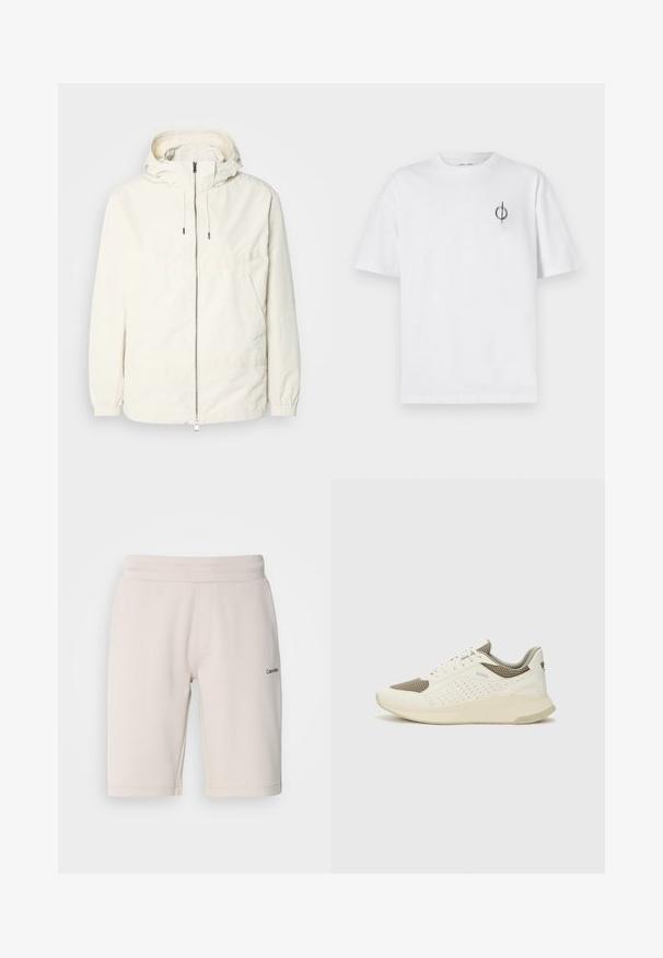 Lengvas, kreminės spalvos švarkas su kapišonu, užtrauktuku priekyje, elastingomis rankovėmis ir kengūros kišene. Lygus audinys su minimaliais siūlių detalėmis.; Balta medvilninė marškinė su laisvu siluetu, su mažą juodą grafiką logotipą kairėje krūtinės pusėje. Trumpomis rankovėmis, apvaliu kaklu.; Šviesiai rudos spalvos sportiniai šortai, pagaminti iš medvilnės mišinio, su elastingu juosmeniu, šoninėmis kišenėmis ir mažyte juoda logotipo detalė viena kojoje.; Baltas ir šviesiai bežinis sportinis kedas, su tinklo viršumi, perforuotais detalėmis ir tekstūruotu tarpine su logotipu ant kulno.