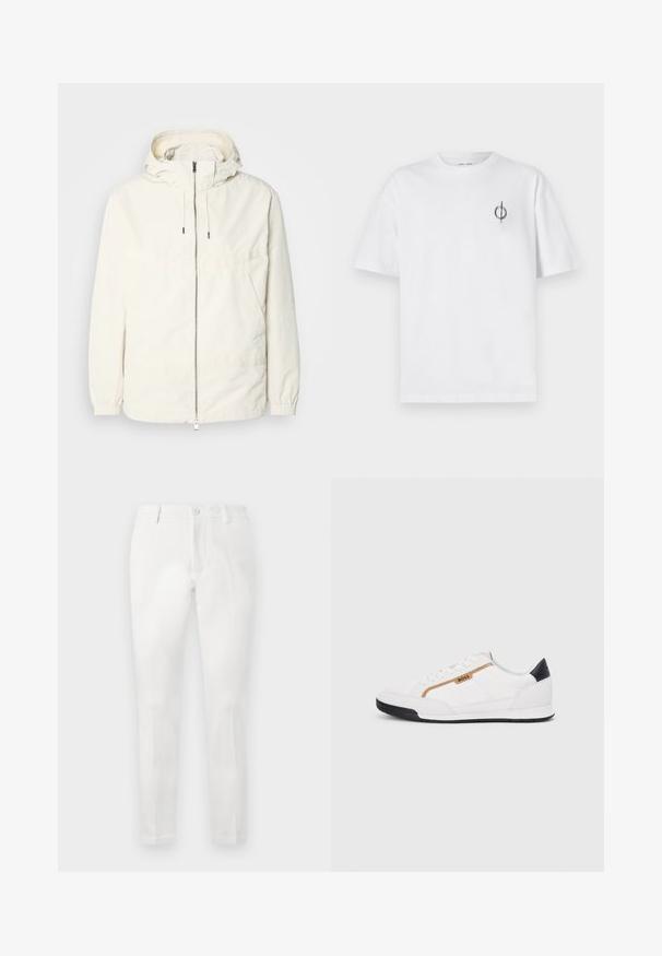 Jachetă ușoară, de culoare crem, cu glugă, fermoar în față, manșete elastice și buzunar tip kangaroo. Material neted cu detalii de cusătură minime.; Tricou alb din bumbac cu o croială lejeră, având un mic logo grafic negru în zona stângă a pieptului. Mâneci scurte, stil guler rotund.; Pantaloni albi cu croi ajustat, cu o față netedă, două buzunare laterale și un buzunar la spate. Confecționați dintr-un material neted.; Adidași albi cu detalii din plasă și piele. Prezintă un logo auriu "BOSS", panouri laterale texturate și un capac pentru călcâi negru. Talpă din cauciuc.