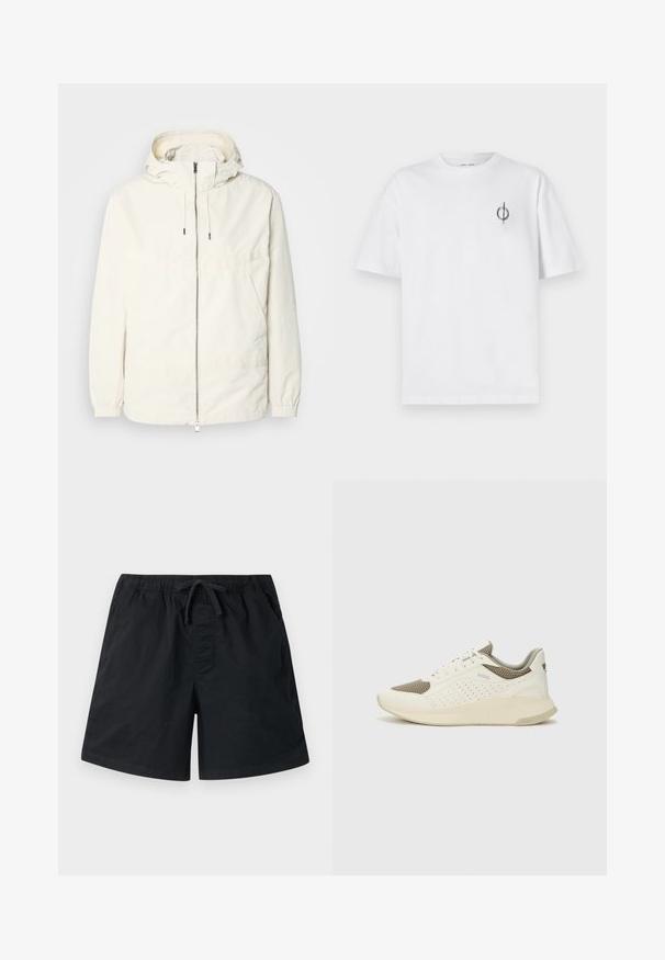 Kerge, kreemivärvi jakk, kapuutsiga, lukuga ees, elastsete mansettide ja känguru taskuga. Sile kangas minimaalsete õmblusdetailidega.; Valge puuvillane t-särk lõdva sobivusega, millel on vasakul rinnal väike must graafiline logo. Lühikesed varrukad, ümmargune kaelus.; Mustad must ujumisretsid elastse vöökoha ja paelaga. Omavad küljetaskuid ja sujuvat, kerget kangast. Tavaline lõige.; Valge ja heledat beeži värvi spordijalats, millel on õhuke võrkmaterjal, perforatsioonidega detailid ning tekstuuriga vahetald, millel on brändi logo kannaosas.