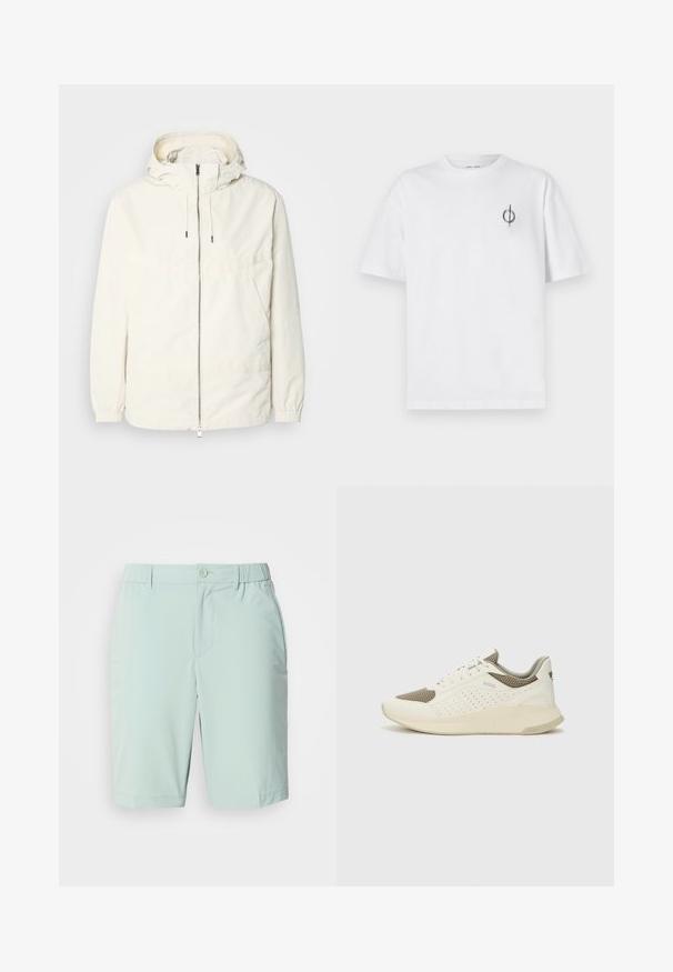 Kerge, kreemivärvi jakk, kapuutsiga, lukuga ees, elastsete mansettide ja känguru taskuga. Sile kangas minimaalsete õmblusdetailidega.; Valge puuvillane t-särk lõdva sobivusega, millel on vasakul rinnal väike must graafiline logo. Lühikesed varrukad, ümmargune kaelus.; Heledad helesinine lühike püksid, mis on valmistatud siledast kangast. Pükstel on nupuga kinnitamine, ees olevad taskud ja mugav vöö, millel puuduvad nähtavad mustrid.; Valge ja heledat beeži värvi spordijalats, millel on õhuke võrkmaterjal, perforatsioonidega detailid ning tekstuuriga vahetald, millel on brändi logo kannaosas.