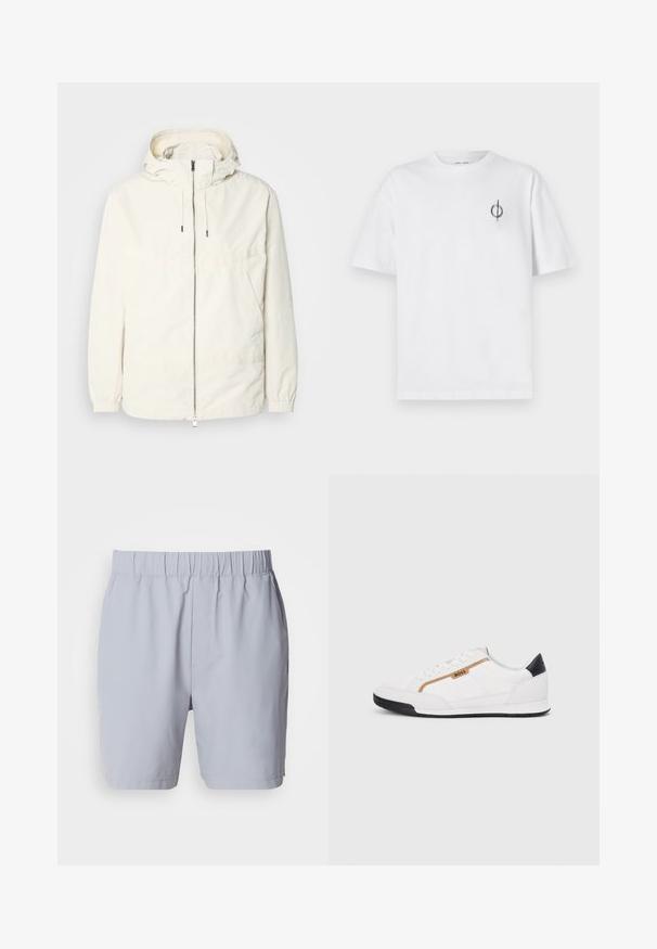 Kevyt, kermaisen valkoinen takki, jossa on huppu, vetoketjusuljenta, joustavat hihansuut ja kengurupocket. Sujuva kangas, jossa on minimaalista ompelutapaa.; Valkoinen puuvillapaita rentoa istuvuutta, jossa on pieni musta graafinen logo vasemmassa rintataskussa. Lyhyet hihat, pyöreä kaula-aukko.; Vaaleanharmaat uimapuvut, joissa on elastinen vyötärö, kaksi sivutaskua ja sileä, kevyt kangas. Ei näkyviä kuvioita tai koristeita.; Valkoiset urheilukengät, joissa on verkkokudosta ja nahkaosia. Varustettu kultaisella "BOSS"-logolla, tekstuurillisilla sivupaneeleilla ja mustalla kantapäällä. Kumikanta.