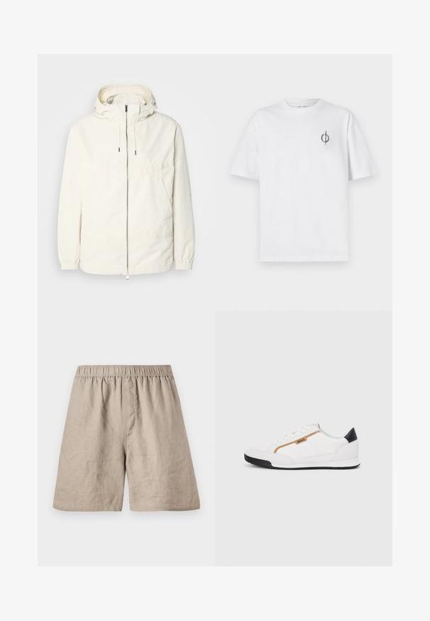 Lightweight, cream-colored jacket with a hood, zip front, elastic cuffs, and a kangaroo pocket. Smooth fabric with minimal stitching details.; White cotton t-shirt with a relaxed fit, featuring a small black graphic logo on the left chest area. Short sleeves, crew neck style.; Linen shorts in a light beige color with an elastic waistband and relaxed fit, featuring a slightly textured surface.; White athletic shoes with mesh and leather accents. Features a gold "BOSS" logo, textured side panels, and a black heel cap. Rubber sole.