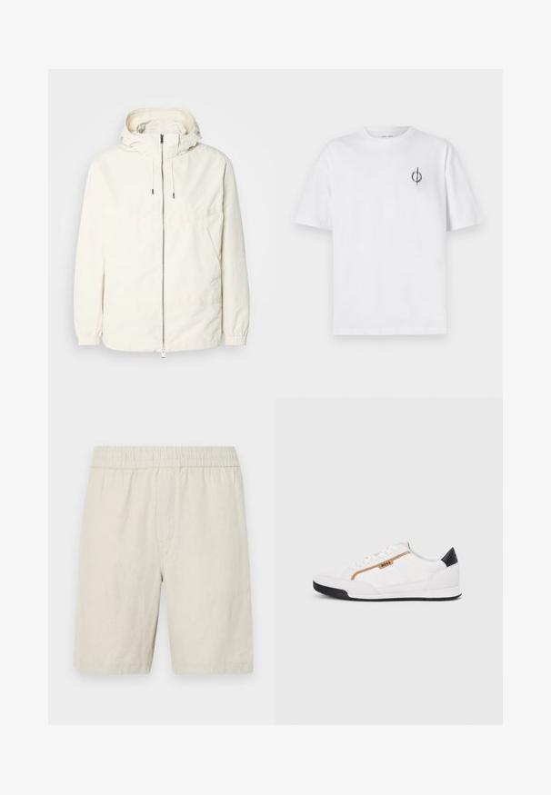 Veste légère de couleur crème avec capuche, fermeture éclair sur le devant, poignets élastiques et poche kangourou. Tissu lisse avec des détails de couture minimaux.; T-shirt en coton blanc avec une coupe décontractée, présentant un petit logo graphique noir sur le côté gauche de la poitrine. Manches courtes, col rond.; Shorts en lin beige avec une ceinture élastique, présentant une texture lisse et un design droit qui se termine juste au-dessus du genou.; Baskets blanches avec des accents en maille et en cuir. Caractéristiques d'un logo "BOSS" doré, de panneaux latéraux texturés et d'un capuchon de talon noir. Semelle en caoutchouc.