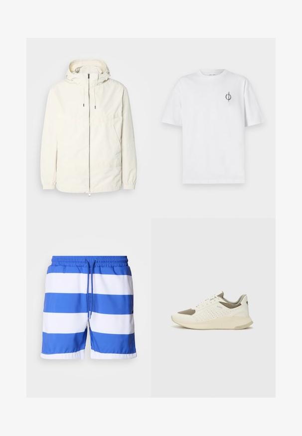 Lengvas, kreminės spalvos švarkas su kapišonu, užtrauktuku priekyje, elastingomis rankovėmis ir kengūros kišene. Lygus audinys su minimaliais siūlių detalėmis.; Balta medvilninė marškinė su laisvu siluetu, su mažą juodą grafiką logotipą kairėje krūtinės pusėje. Trumpomis rankovėmis, apvaliu kaklu.; Mėlynos ir baltos dryžuotos maudymosi šortai, pagaminti iš lengvos medžiagos, su elastinga juosta ir raišteliu bei sklandžiu paviršiumi.; Baltas ir šviesiai bežinis sportinis kedas, su tinklo viršumi, perforuotais detalėmis ir tekstūruotu tarpine su logotipu ant kulno.