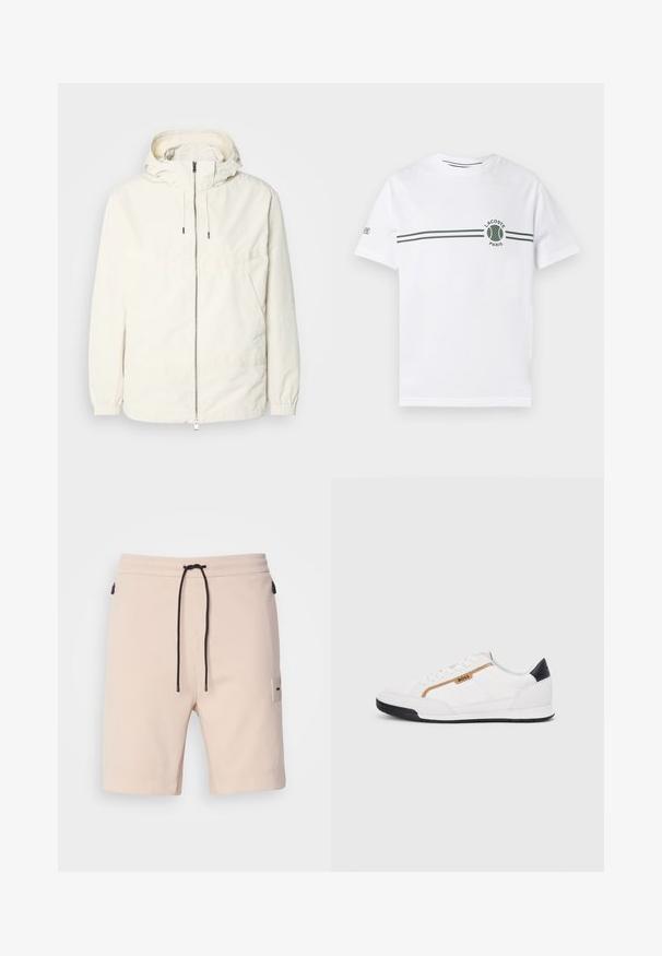Lightweight, cream-colored jacket with a hood, zip front, elastic cuffs, and a kangaroo pocket. Smooth fabric with minimal stitching details.; White cotton t-shirt with short sleeves, featuring a green striped design and a circular Lacoste logo on the chest. Smooth texture.; Light beige shorts with an elastic waistband, black drawstring, two side zip pockets, and a small logo patch on the left leg.; White athletic shoes with mesh and leather accents. Features a gold "BOSS" logo, textured side panels, and a black heel cap. Rubber sole.