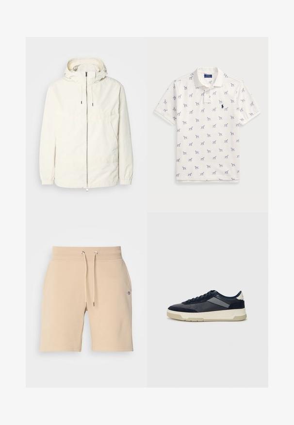 Leichte, cremefarbene Jacke mit Kapuze, Reißverschluss vorne, elastischen Bündchen und einer Kängurutasche. Glattes Gewebe mit minimalen Nähdetails.; Weißes Polo-Shirt aus Baumwolle mit einem wiederholten blauen Hundemuster und einem kleinen blauen Logo auf der Brust. Kurze Ärmel und Kragen.; Beige Baumwollshorts mit elastischem Bund, verstellbarem Kordelzug und Seitentaschen. Mit kleinem Logo auf dem linken Oberschenkel.; BOSS BALTIMORE - Sneaker low - open blue