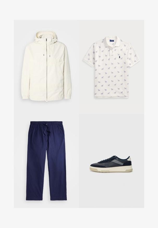 Ελαφριά, κρεμ τζάκετ με κουκούλα, φερμουάρ μπροστά, ελαστικούς μανσέτες και τσέπη καγκουρό. Λείο ύφασμα με ελάχιστες ραφές.; Λευκό polo μπλουζάκι από βαμβάκι, με επαναλαμβανόμενο μπλε σχέδιο σκύλων και μικρό μπλε λογότυπο στο στήθος. Κοντά μανίκια και γιακάς.; Polo Ralph Lauren COTTON LINEN PREPSTER EASY PANT - Chinos - newport navy; BOSS BALTIMORE - Αθλητικά παπούτσια - open blue