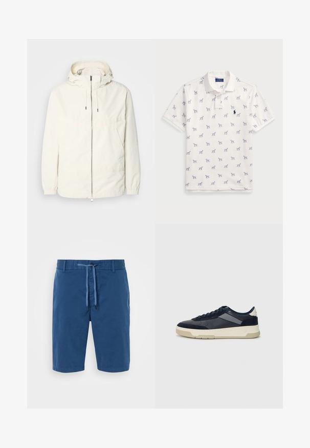 Kevyt, kermaisen valkoinen takki, jossa on huppu, vetoketjusuljenta, joustavat hihansuut ja kengurupocket. Sujuva kangas, jossa on minimaalista ompelutapaa.; Valkoinen polo-paita, joka on valmistettu puuvillasta ja jossa on toistuva sininen koirakuosi sekä pieni sininen logo rinnassa. Lyhyet hihat ja kaulus.; Siniset puuvillashortsit, joissa on joustava vyötärö, nyörisuljin, sivutaskut ja sileä pinta. Ei kuvioita eikä koristeita näkyvissä.; BOSS BALTIMORE - Matalavartiset tennarit - open blue