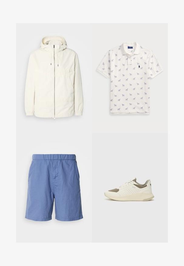 Lightweight, cream-colored jacket with a hood, zip front, elastic cuffs, and a kangaroo pocket. Smooth fabric with minimal stitching details.; White polo shirt made of cotton, featuring a repeated blue dog pattern and a small blue logo on the chest. Short sleeves and collar.; Blue, lightweight shorts with an elastic waistband, flat front, and side pockets. Made from soft, breathable fabric, suitable for warm weather.; White and light beige athletic sneaker, featuring a mesh upper, perforated detailing, and a textured midsole with branding on the heel.